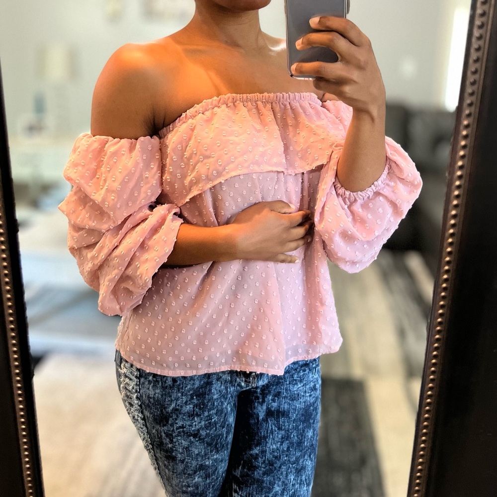 Blush Mauve Pink Charlotte Russe Off Shoulder Ruched Sleeve Blouse, Juniors S